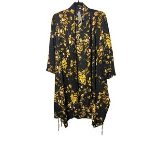 Melissa McCarthy‎ Seven7 Kimono 1X Black Yellow Floral Ruched Boho Cardigan